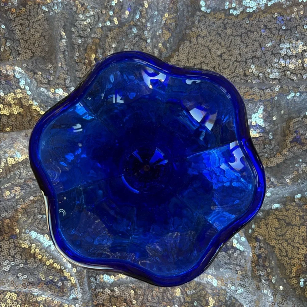Unbranded Cobalt Blue Glass Ice Cream Sundae Dish or Bowl-Fluted, Wavy Rim